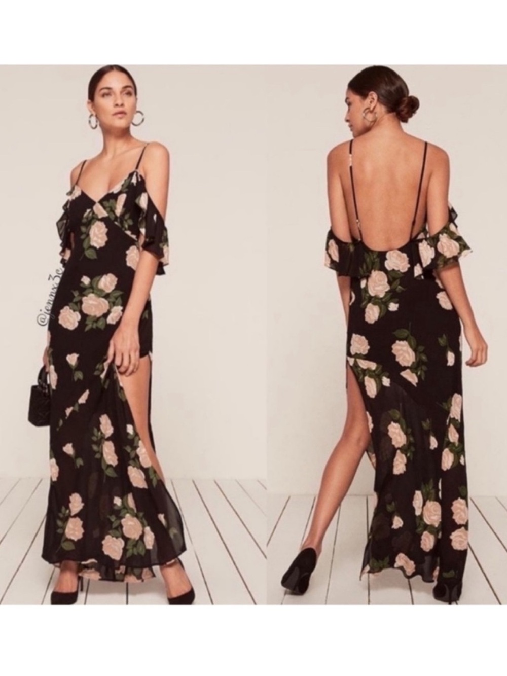 Reformation Black Floral Ruffle Cold-Shoulder Maxi Dress